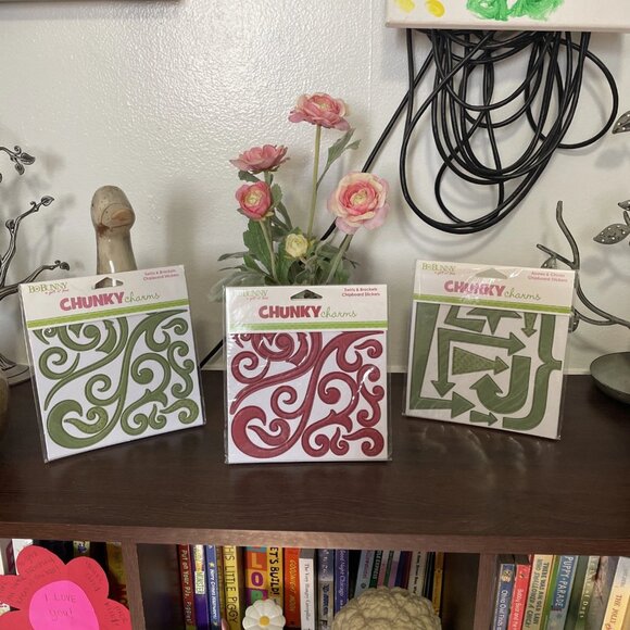 BoBunny CHUNKY CHARMS Swirls and Brackets 18 pc - Set of 3, Green/Red - NIP - Picture 1 of 3
